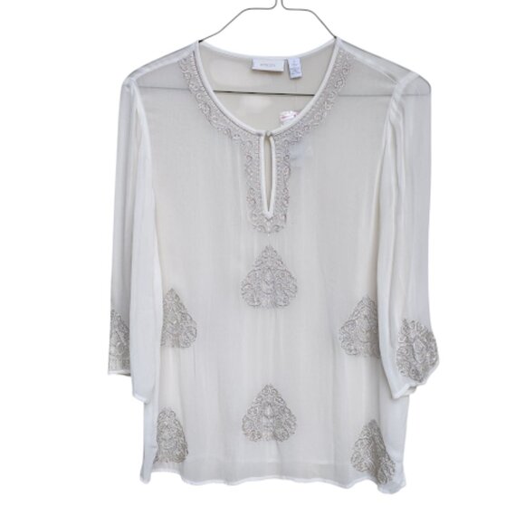 CHICOS NWT Semi Sheer Ivory Metallic Embroidered Blouse 3/4 Sleeve Flowy Boho 2 - Picture 1 of 13